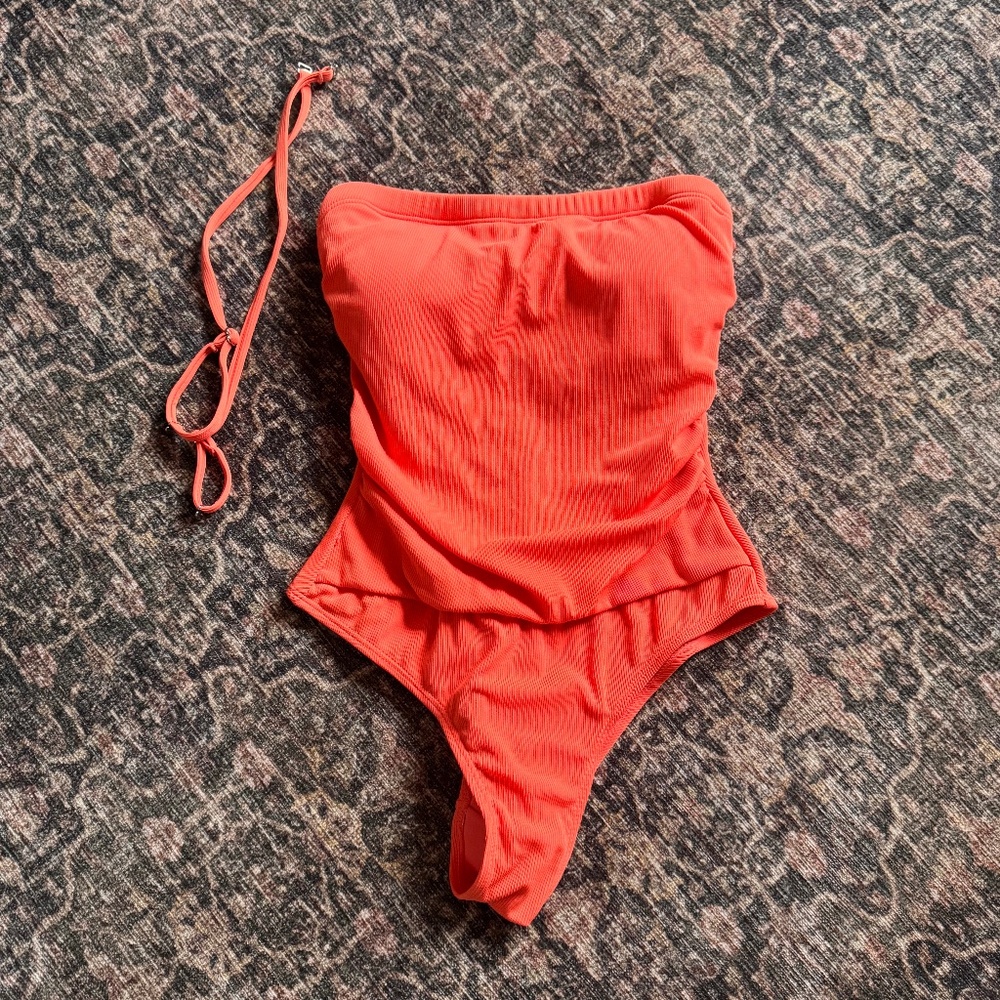 Rio Beach Coral Strapless One-Piece Swimsuit w/ Sheer Sarong